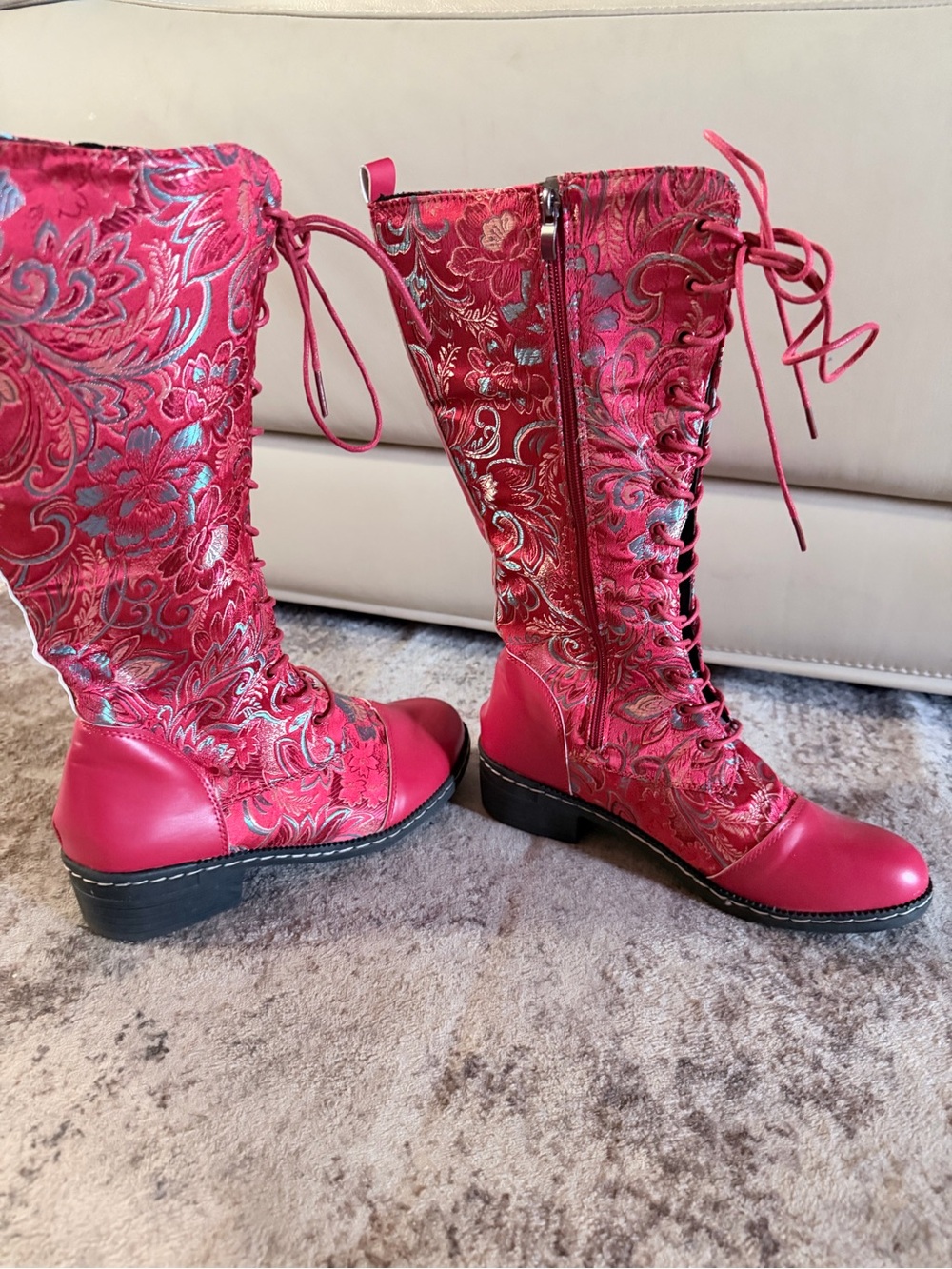 Stylish red Embroidered Lace-Up Women’s Boots